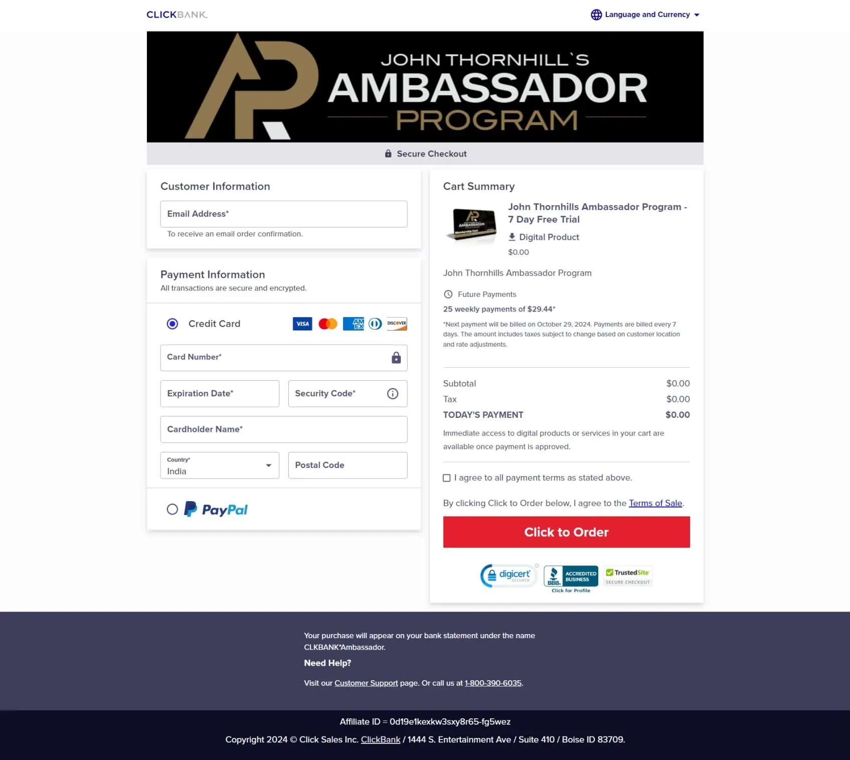 John Thornhill's Ambassador Program checkout page